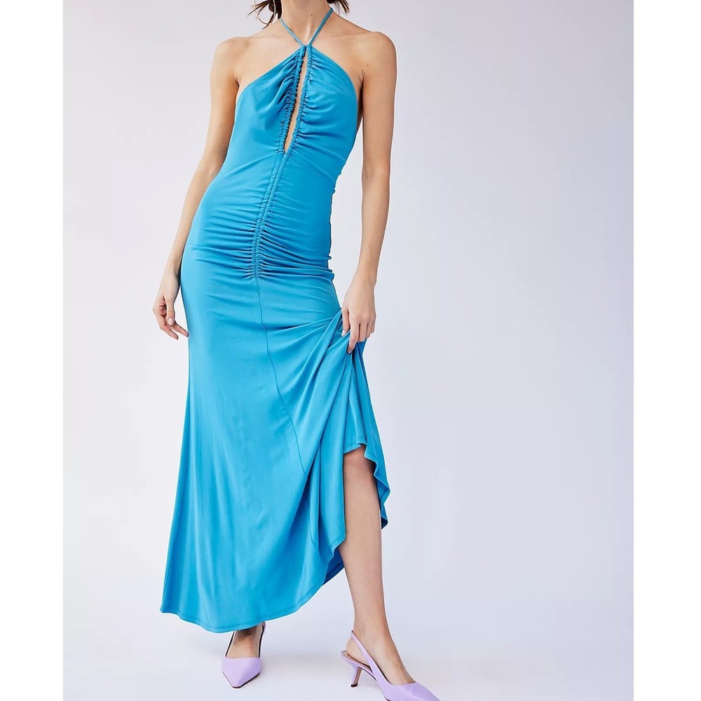 Ronny Kobo Idris Halter Maxi Dress Pool Blue Jersey Stretch Ruched Keyhole Large